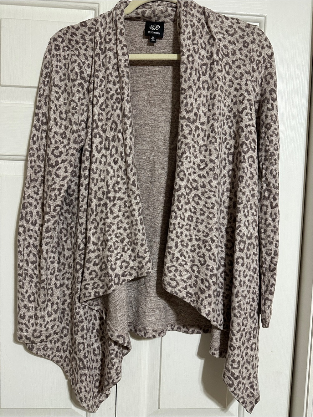 bobeau Taupe Leopard Print Open Drape Cardigan